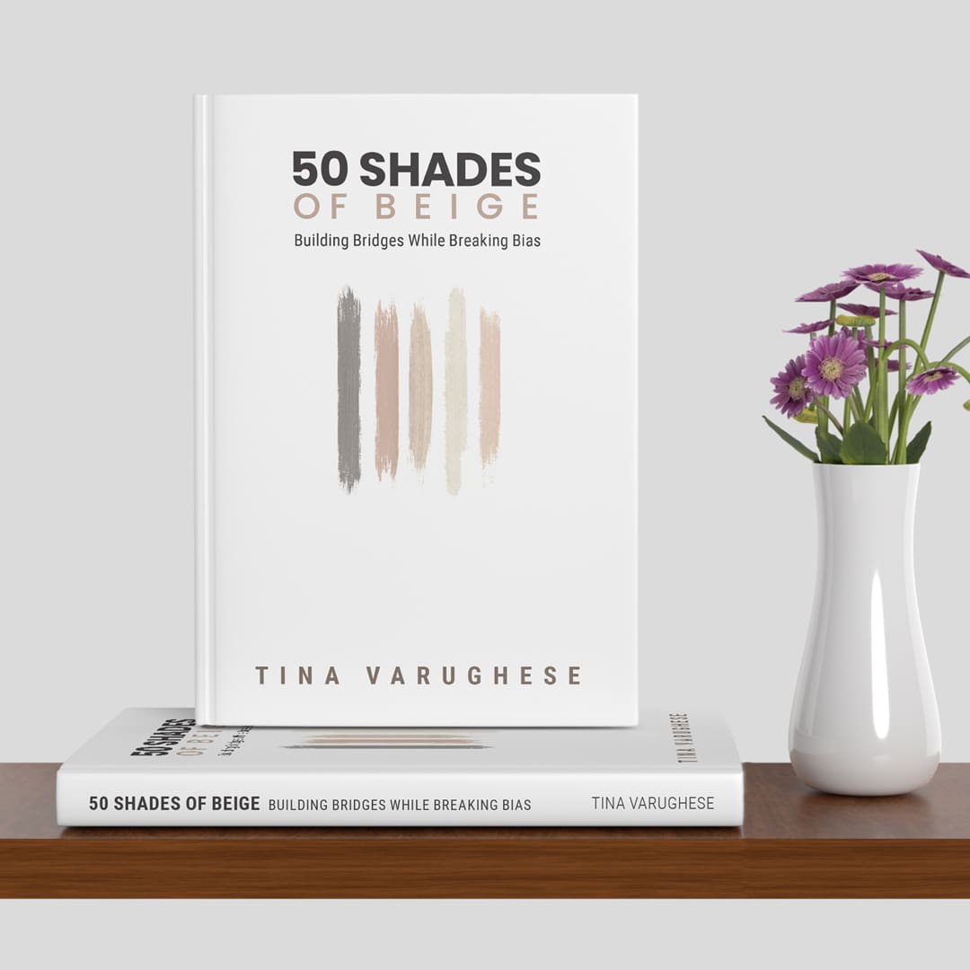 50 shades of beige book by Tina Varughese on a bookshelf