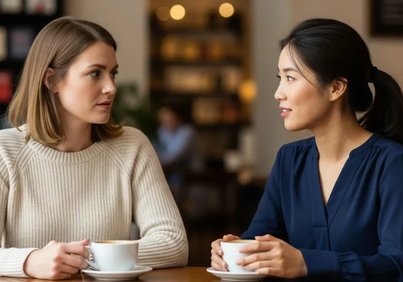 two-women-having-a-conversation two women reducing stress by talking